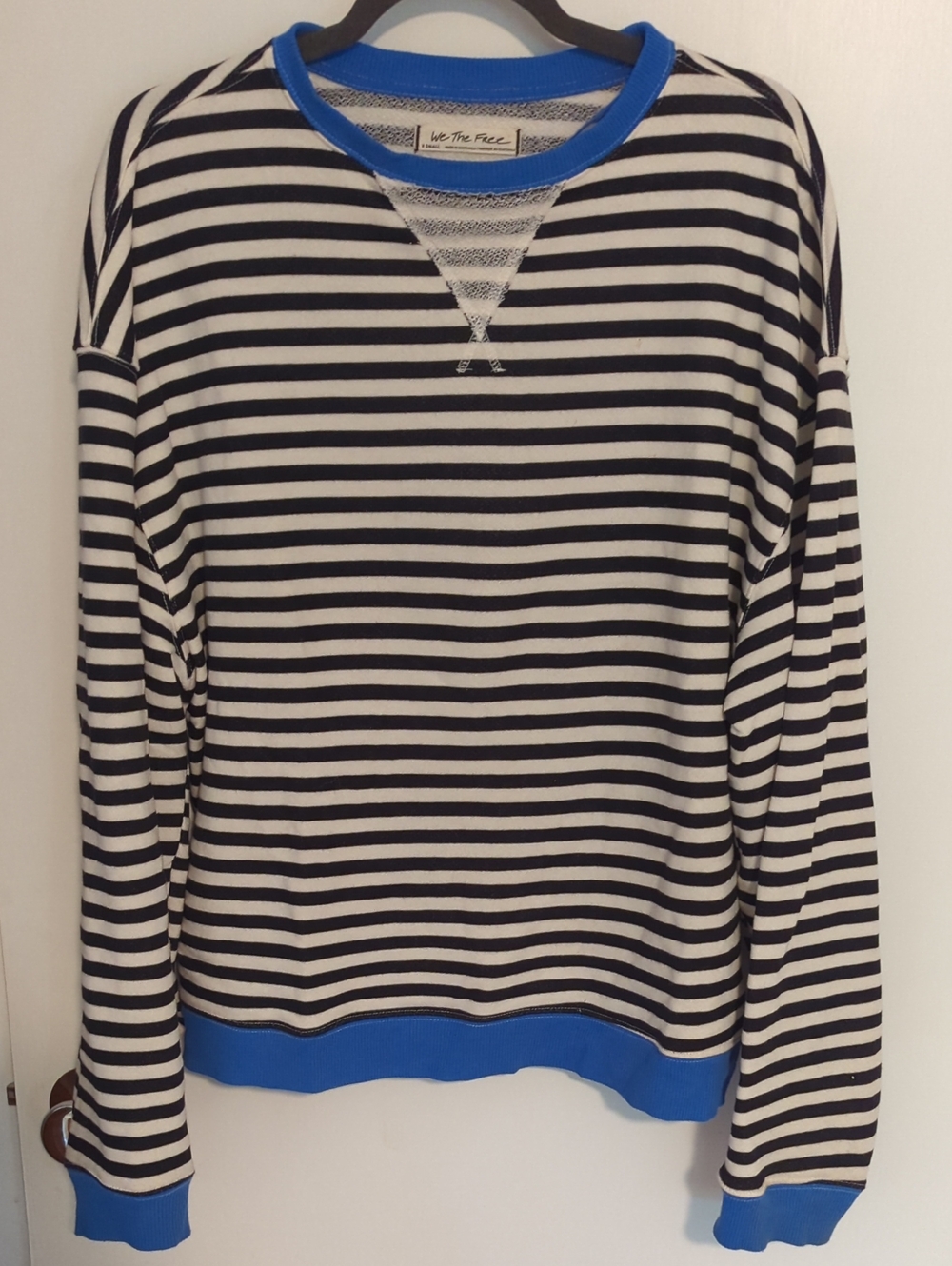 We The Free (Free People) Oversized Black & White Striped Pullover w Blue Trim
